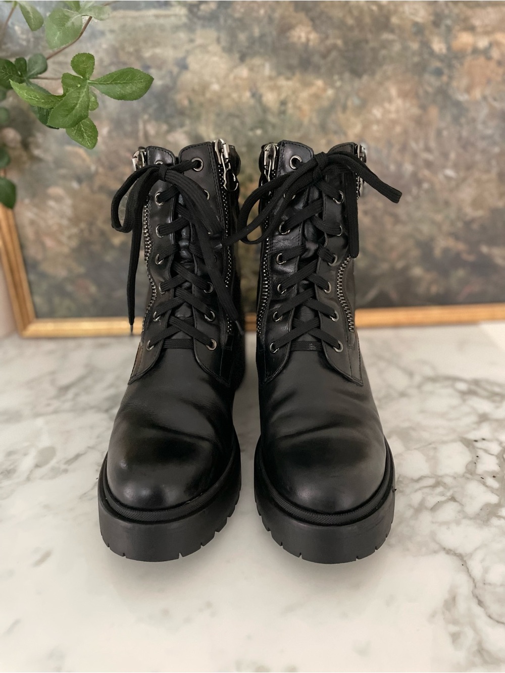 Moncler Viviane Leather Combat Boots Made in Italy Black Chunky Moto Size 40 - Picture 4 of 13